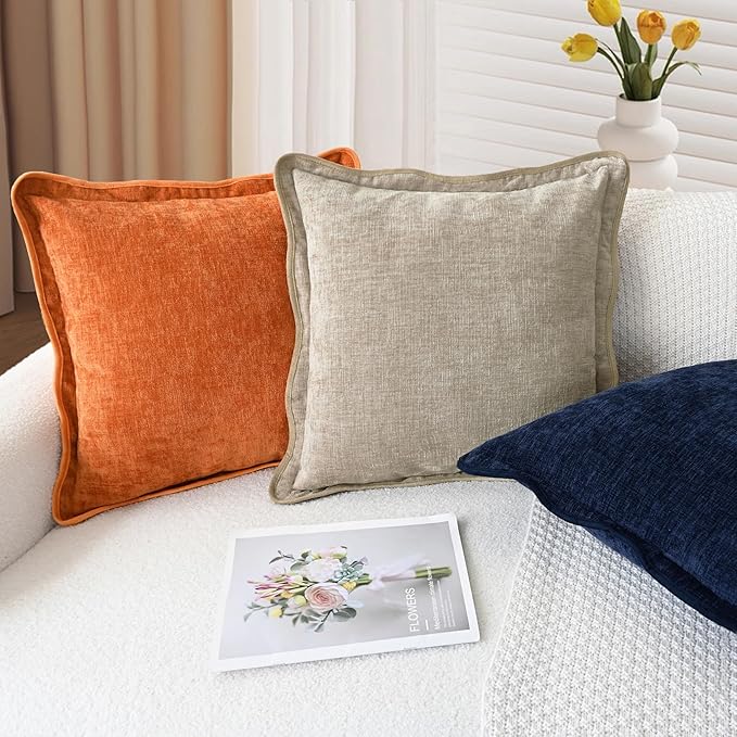 CaliTime Throw Pillow Covers Decorative 18 X 18 Inches Pack of 2 Cozy Chenille Scalloped Wavy Edge Cushion Cases for Couch Sofa Bed Living Room Farmhouse Light Taupe