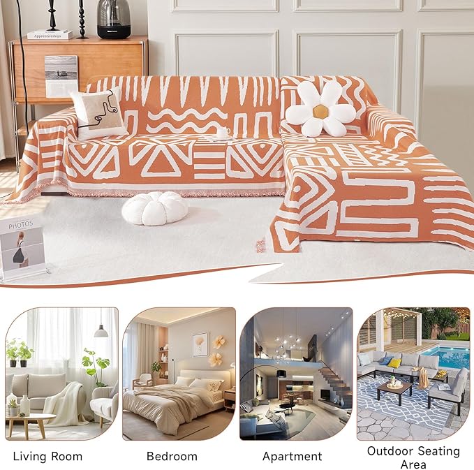 VClife Boho Armchair Couch Cover for 1 Cushion Couch Sofa, Soft Chair Recliner Cover for Recliners Washable, Bohemian White Caramel Geometric Jacquard Sofa Slipcover Furniture Protector 71"X71"