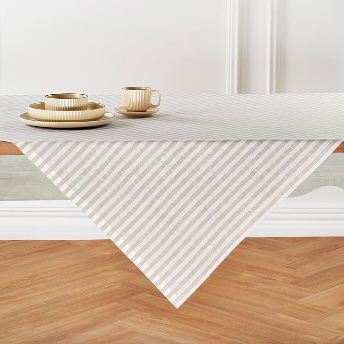 Solino Home Linen Striped Tablecloth 52 x 52 Inch - 100% Pure Linen Natural and White Square Table Throw - Amalfi Stripe, Machine Washable Tablecloth for Fall, Autumn, Thanksgiving, Christmas, Winter
