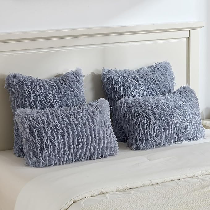 FUTEI Grey Blue Decorative Throw Pillow Covers 24x24 Inch Set of 2,Soft Fluffy Faux Feather Texture European Cushion Cases,Modern Home Luxury Decor for Couch Bed Living Room