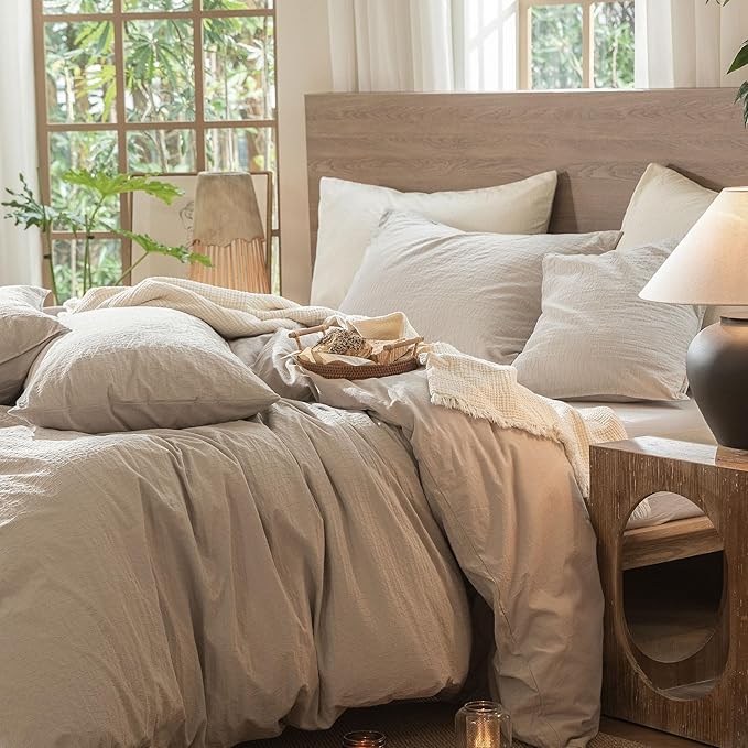 MooMee Wavy Striped Duvet Cover Set 100% Washed Cotton Linen Like Textured Breathable Durable Soft Comfy (Beige, Super King Plus 120"x120")