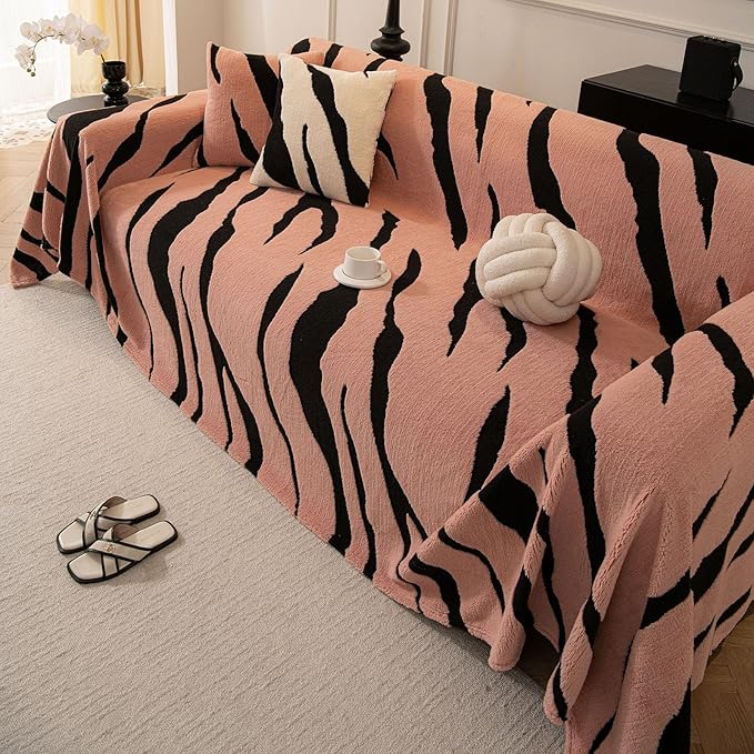 ROOMLIFE Striped Boho Pink Couch Cover for 2-3 Cushion Sofa, Fuzzy Plush Warm Sofa Slipcovers Sectional Sofas Covers, Non Slip Washable Furniture Protector Soft with Tassel,Winter 71''X118”