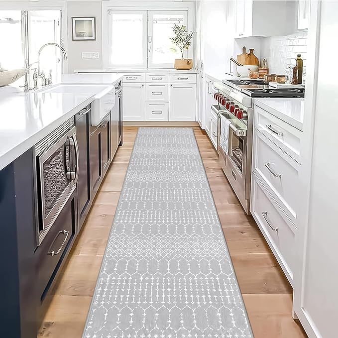 Lahome Moroccan Washable Rug Runner - 2x10 Non-Slip Runner Rug for Kitchen Stain Resistant Grey Carpet Runners for Hallway 10 Ft, Modern Geometric Print Soft Floor Carpet for Bathroom Entryway Foyer