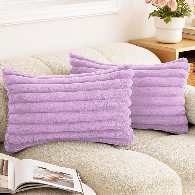 Double-Sided Faux Fur Plush Throw Pillow Covers 12x20 Set of 2 Fuzzy Striped Soft Cozy Pillowcase Luxury Decorative Lumbar Pillows Fluffy Rectangle Cushion Cover for Couch Bed,Purple