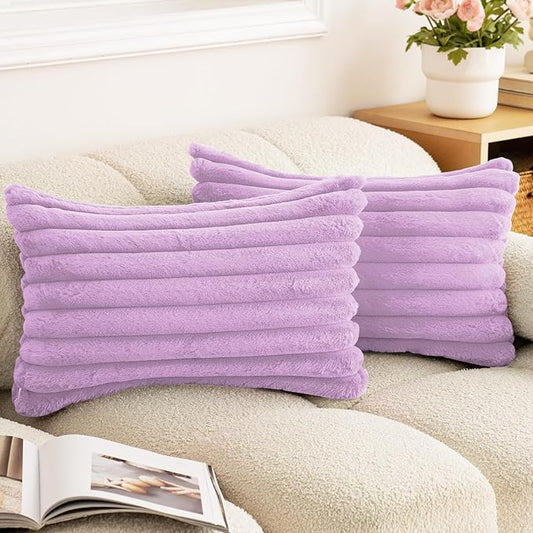Double-Sided Faux Fur Plush Throw Pillow Covers 12x20 Set of 2 Fuzzy Striped Soft Cozy Pillowcase Luxury Decorative Lumbar Pillows Fluffy Rectangle Cushion Cover for Couch Bed,Purple