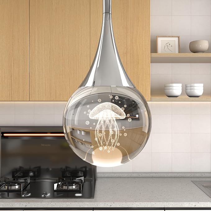 2-Pendant Lights Kitchen Island, Chrome Silver Crystal Globe Ceiling Hanging Light Fxitures, LED Lamp Metal Rod Ceiling Jellyfish Pendant Lighting for Kitchen Dining Room Bar