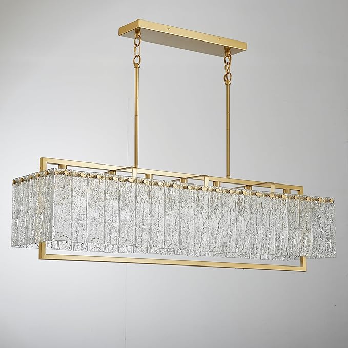 Shrine Lighting Gold Glass Chandeliers, Modern Design, Rectangular Chandelier for Living Space, L39.1'' × W10.2'' × H19.5'', Adjustable 50.8'', 7 x E12 Sockets, Glass LampShade & Brass Finish Frame