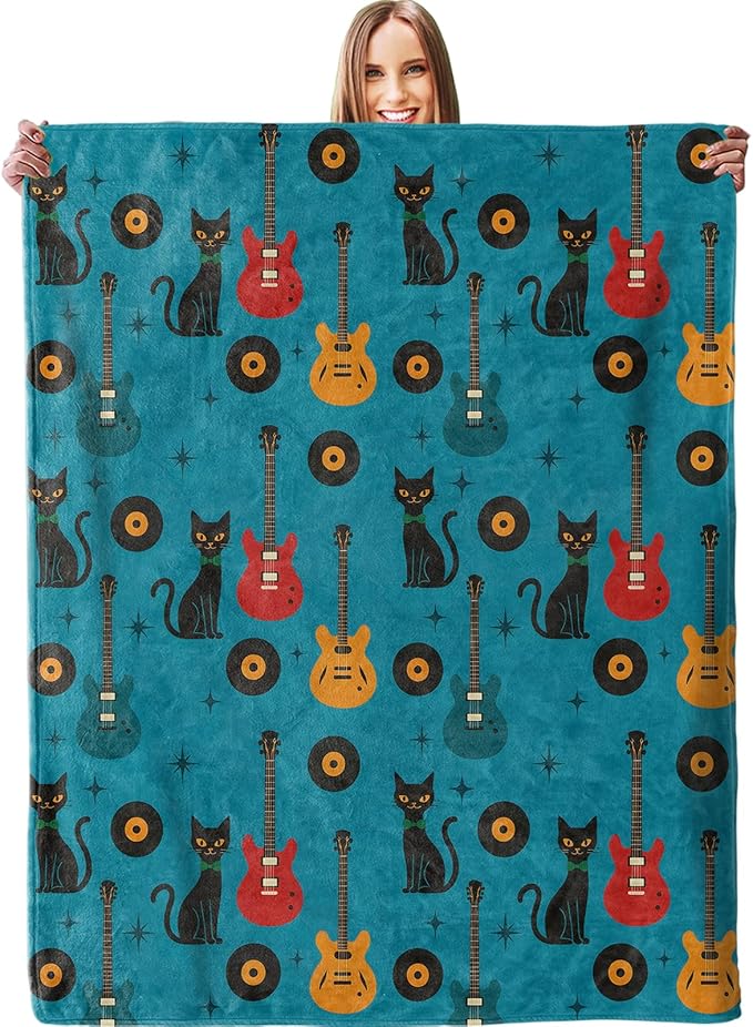 Retro Cat Guitar Blanket, Plush Soft Lightweight Warm Cozy Flannel 60×50 inch Music Themed Throw Blanket for Couch, Travel, Bed, Office, Outdoor, Gifts for Adults Teens Kids Women Girls