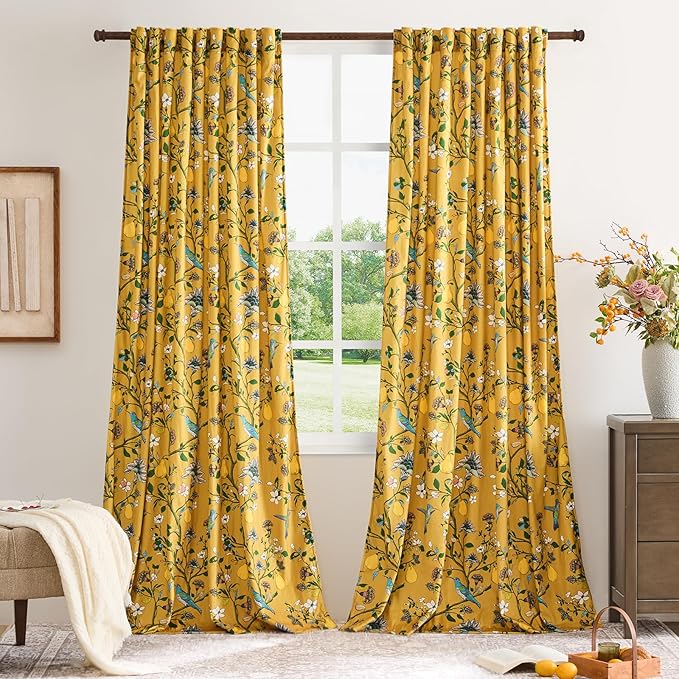 Mustard Yellow Luxury Velvet Floral Curtains 90 inches for Living Room,Vintage Victorian Botanical Blackout Curtain Drapes,2 Panels Mid Century Art Deco Bird Flower Window Curtains for Bedroom