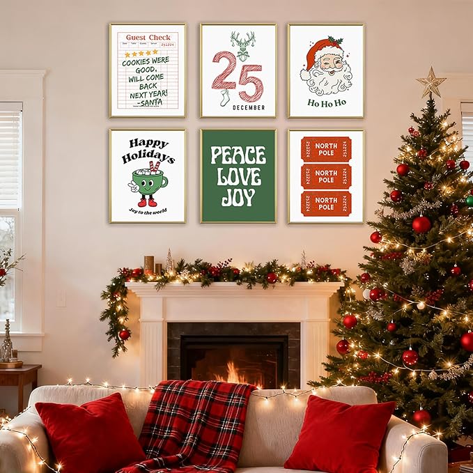 WINDVALE Retro Christmas Wall Art Prints –Vintage Holiday Posters with Santa, North Pole Tickets & Festive Quotes,Christmas Decorations for Living Room, Kitchen & Fireplace(8×10 Unframed)