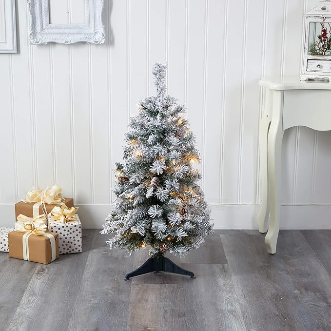 Nearly Natural 3ft. Flocked White River Mountain Pine Artificial Christmas Tree with Pinecones and 50 Clear LED Lights