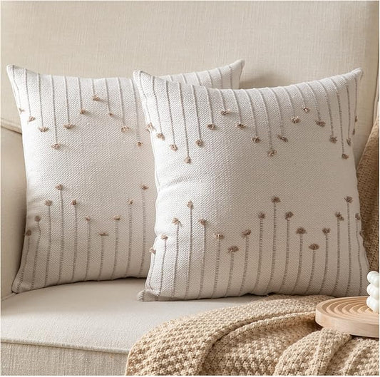 Caflife Boho Throw Pillow Covers 20x20 Set of 2 Decorative Pillows for Bed, Neutral Pillow Covers Beige with Tan Line Throw Pillows for Modern Farmhouse Couch Sofa Living Room Outdoor