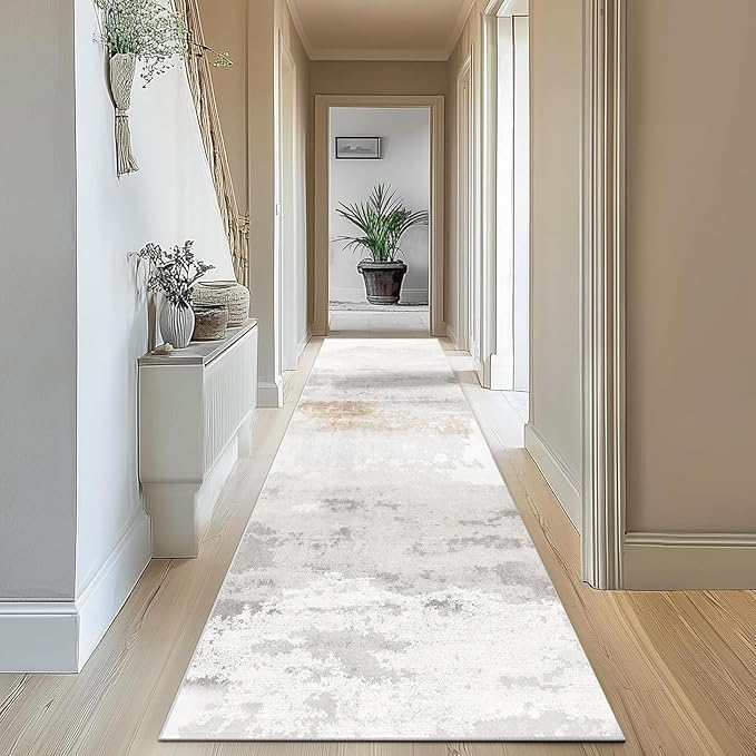 Enkor Runner Rugs for Hallway, 2'7"x10'6" Washable Soft Non Slip Abstract Rugs for Kitchen, Modern Mat for Entryway Living Room Bedroom Brown & Grey