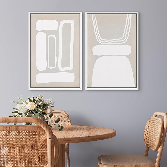 SIGNWIN Framed Canvas Print Wall Art Set Retro 1960s Geometric Figure Collage Abstract Shape Cozy Neutral Modern Art Decorative Nordic Multicolor for Living Room, Bedroom, Office - 24"x36"x2 White