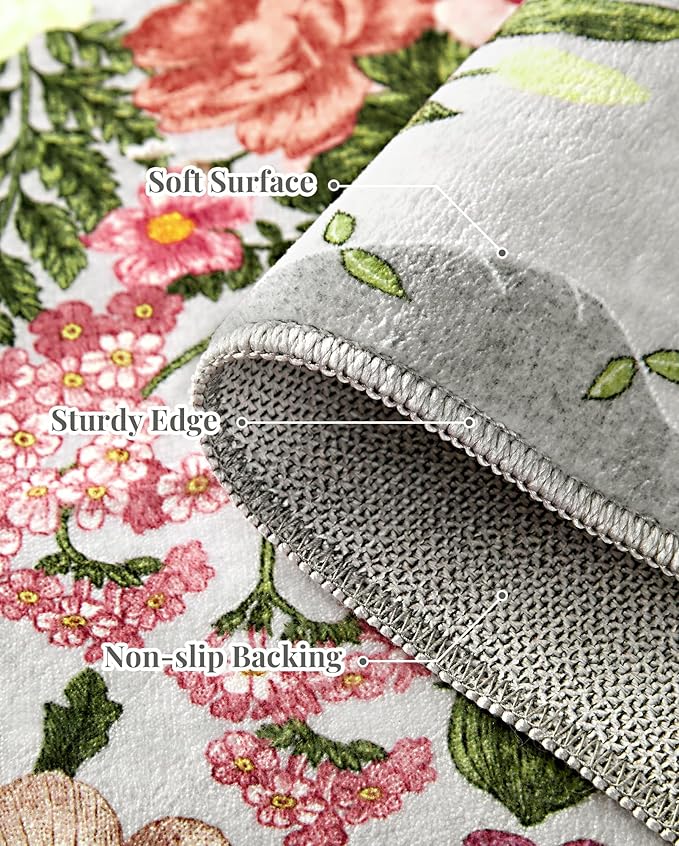 Floral Runner Rug 2x6 - Washable Vintage Kitchen Rug Low Pile Non-Slip Carpet for Entryway Hallway, Laundry, Bedroom - Soft, Stain Resistant Indoor Area Rug - Grey