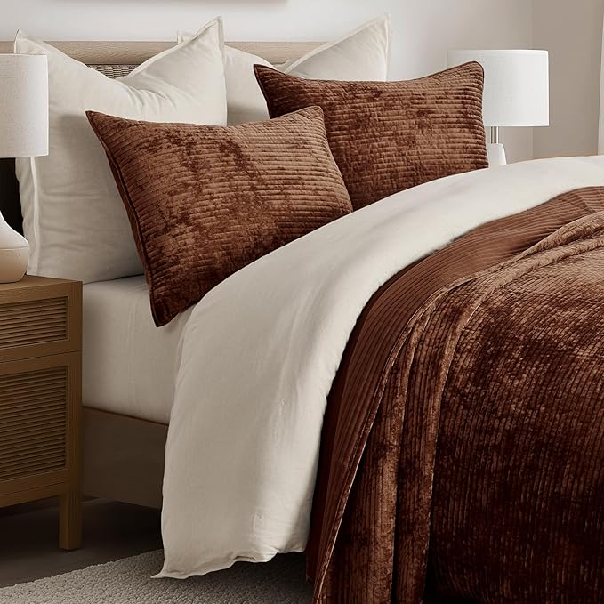 EverGrace Velvet Quilt Set Queen Size, Luxurious Soft Quilted Bedding Sets, Lightweight Velvet Comforter for All Season, Striped Channel Bedspread Coverlet with 2 Shams, Red Rust Brown