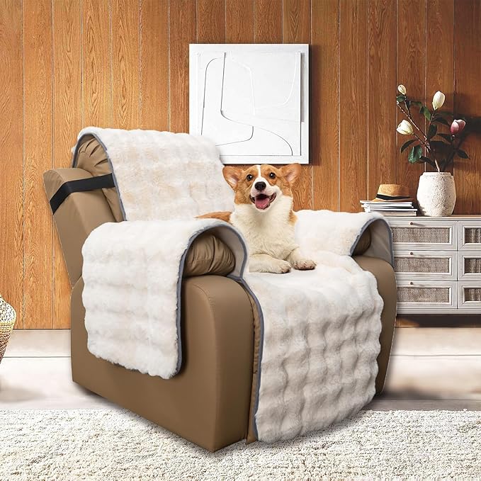 Plush and Fuzzy Shaggy Couch Cover, Dog Pad Faux Fur Sofa Cover, Water Resistant Slipcover, Non-Slip Furniture Protector for Kids,Dogs,Cats.(White-Bubble, Large Recliner)