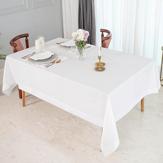 D'Moksha Homes White Linen Tablecloth 54 x 72 Inch - 100% Pure Linen White Table Cloth for Rectangle Tables - Classic Hemstitch, Machine Washable Tablecloth for Fall, Thanksgiving, Christmas, Holiday