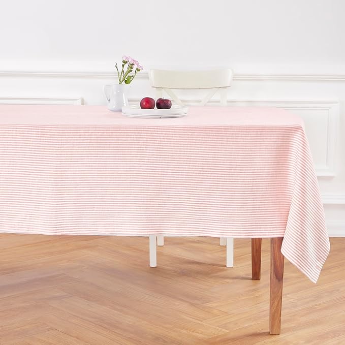 Solino Home Linen Tablecloth 60 x 108 Inch - Narrow Stripe 100% Pure Linen Peach and White Table Cloth for Rectangle Tables - Machine Washable Tablecloth