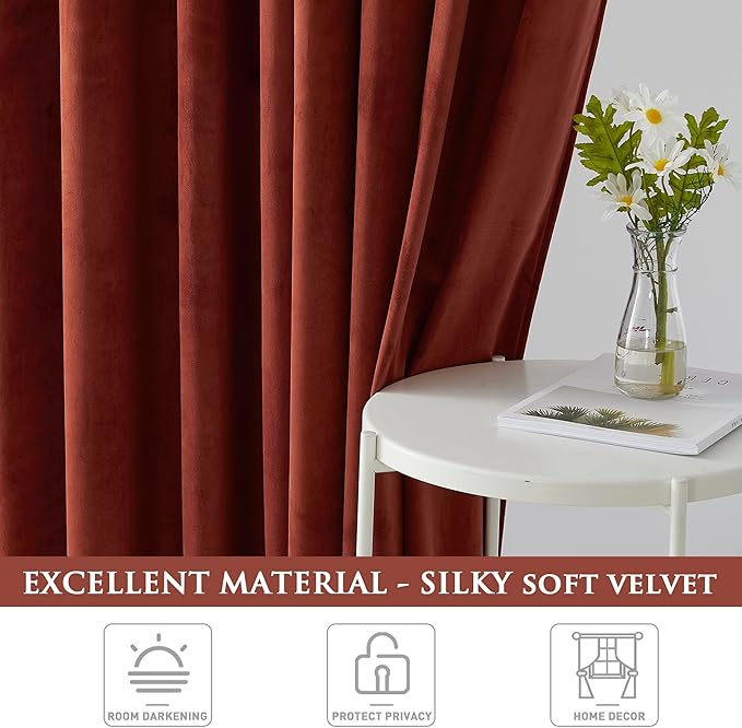 StangH Velvet Blackout Curtains for Movie Theater, Rust Privacy Home Decor Drapes 96 inches for Christmas Backdrops/Sliding Glass Door, W52 x L96, 2 Panels