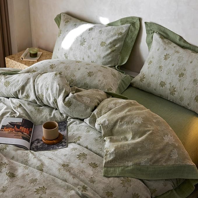 mixinni Yarn-Dyed Jacquard Duvet Cover Queen, Green Botanical Leaf Print 3-Piece Bedding Set with Wide Edge Piping, Soft Breathable Double Layer Gauze for All Seasons (1 Duvet Cover + 2 Pillowcases)