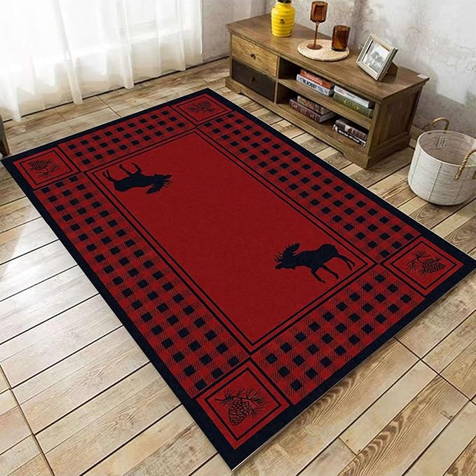 Wild Deer Area Rug, 3x5ft Country Style Moose Hazelnuts, Rustic Cabin Red & Black Buffalo Plaid, Non-Skid Soft Rug for Kids Room, Living Room, Bedroom, Home Decor