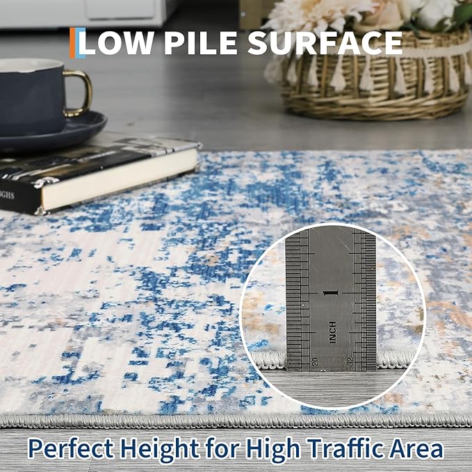 Modern Abstract 2x7 Runner Rug Washable Non Slip Stain Resistant Rug for Hallway Kitchen Bedroom Non Shedding Low Pile Indoor Floor Cover,Blue/Grey