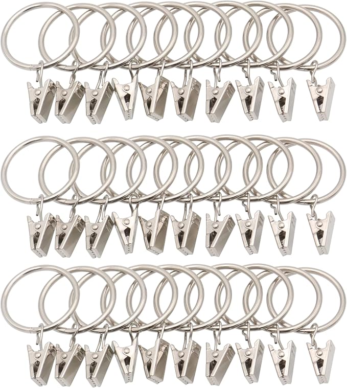 LBY 30 Pack Curtain Rings with Clips, 33mm(1.3'') Interior Diameter Metal Curtain Rings, for Hanging Drapery Drapes Bows, Silver