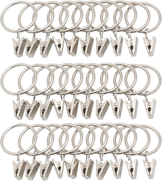 LBY 30 Pack Curtain Rings with Clips, 33mm(1.3'') Interior Diameter Metal Curtain Rings, for Hanging Drapery Drapes Bows, Silver