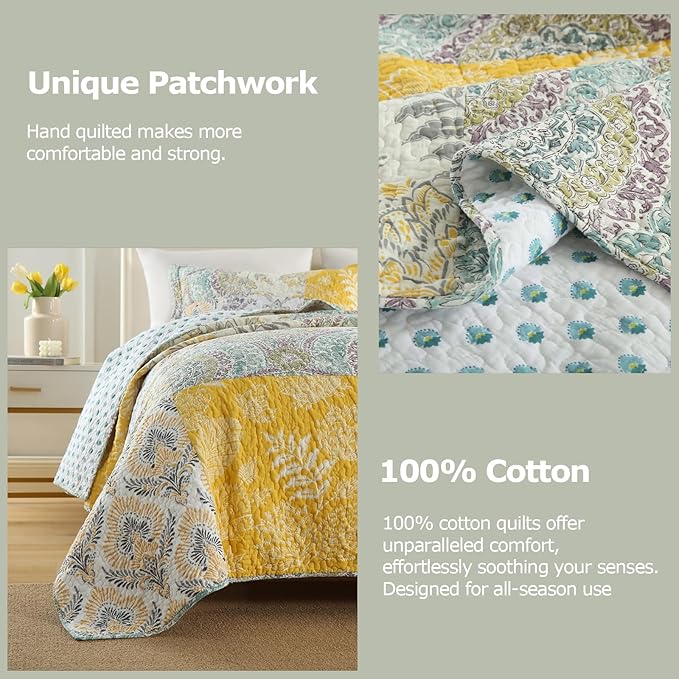 DURLENGEN Botanical Yellow 100% Cotton Queen Quilt 3Pcs,Bohemian Patchwork Leaves Pattern on White, Luxury Lightweight Coverlet Sets for All Season(Queen 90x96,Botanical Yellow)