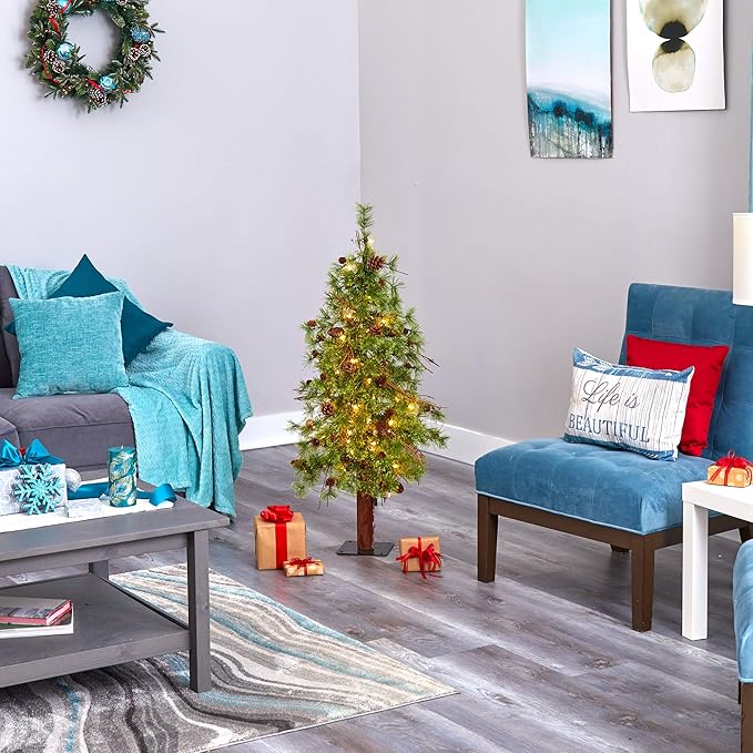 Nearly Natural 4ft. Wyoming Alpine Artificial Christmas Tree with 50 Clear (Multifunction) LED Lights and Pine Cones on Natural Trunk