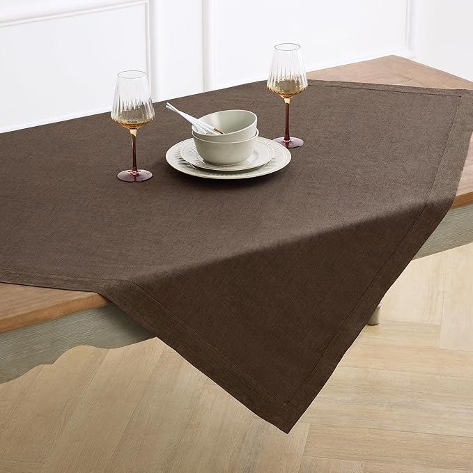 Solino Home Linen Square Tablecloth 52 x 52 Inch - 100% Pure Linen Chambray Brown Table Throw - Athena, Machine Washable Tablecloth for Fall, Autumn, Thanksgiving