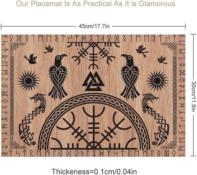 Viking Placemat Set of 6, 12x18 Inch Rustic Wooden Tree of Life Nordic Mythology Raven Helmet of Awe Dragon Black Rustic Coffee Table Mats for Outdoor Farmhouse Kitchen Dining Table Decoration