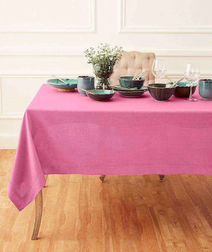 Solino Home Linen Tablecloth for Rectangle Tables 60 x 90 Inch - Classic Hemstitch 100% Pure Linen Flamingo Pink Table Cloth - Machine Washable Cloth Tablecloth