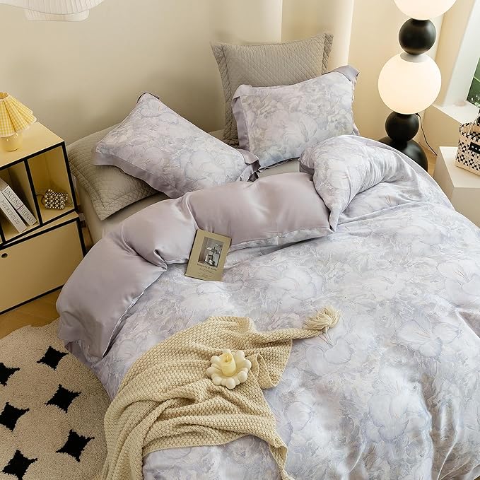 ECOCOTT Bedding 3-Piece Duvet Cover Queen Size, Silky Soft 100% Lyocell, Hypoallergenic & Eco-Friendly, Elegant Bloom (Soft Purple) Floral Pattern, Cooling & Breathable for Hot Sleepers