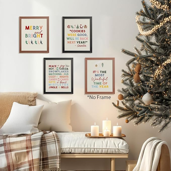 AEHIE It's The Most Wonderful ime of The Year Wall Art Poster Prints for Home Bedroom Living Room, Red Christmas Funny Santa Poster Prints, Merry and Bright Wall Art Unframed 4pcs 8x10inch