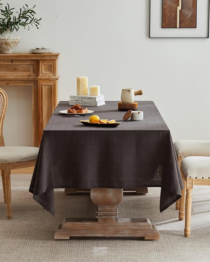 ZeeMart Linen Checked Table Cloth, Farmhouse Style Plaid Embroidered Charcoal Tablecloth, Water Resistant Square Table Cloth, Charcoal 60x60 Inches