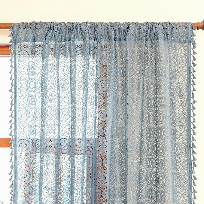 YJ YANJUN Blue Boho Curtains for Bedroom -63 Inch Length 2 Panels, Lace Sheer Curtains for Living Room, Floral Embroidered, Coastal Cottagecore Farmhouse Style W59 x L63 Dusty Blue