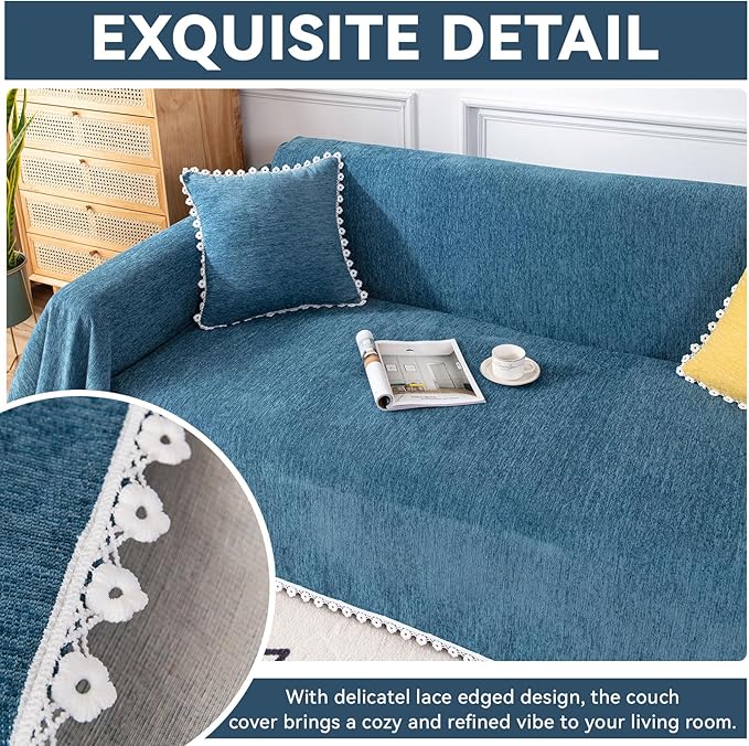 VClife Couch Cover Farmhouse Chic Dark Blue Couch Covers for 2 Cushion Couch Sofa - Washable Chenille Sofa Cover for Living Room Office RV Bedroom (71"X118") Gift for Christmas Thanksgiving Birthday
