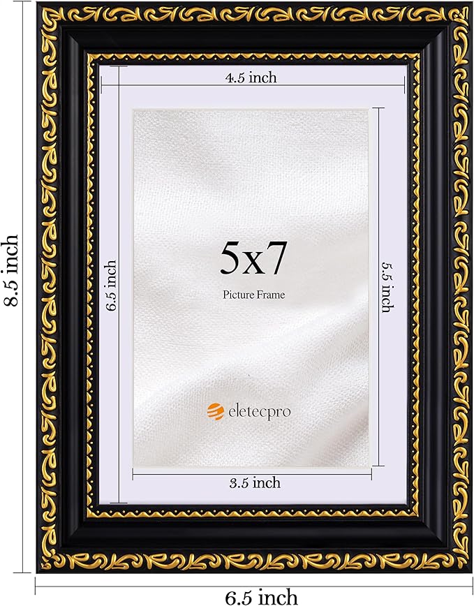 eletecpro 5x7 Picture Frames Set of 2, Vintage Photo Frames with Glass, Display 4x6 Photo with Mat or 5x7 without Mat for Tabletop or Wall Decor, Black Gold