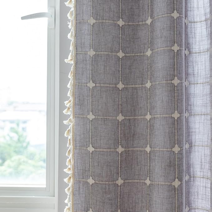 Sutuo Home Boho Curtains 96 Inches Long for Bedroom Living Room,Bohemian Checkered Linen Vintage Chic Tassels Light Filtering Farmhouse Window Treatment Drape, 1 Panel 52" W x 96" L, Dark Grey Plaids