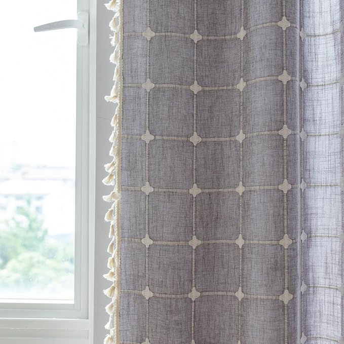 Sutuo Home Boho Curtains for Bedroom Living Room 84 Inch Length, Linen Light Filtering Country Farmhouse Vintage Chic Tassels Window Treatment Bohemian Drape, 1 Panel 52" W x 84" L, Dark Grey Plaids