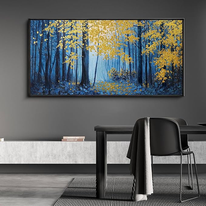 KLAKLA Blue and Gold Tree Wall Art - Birch Tree Forest Painting Pictures Framed Artwork for Living Room Bedroom Office Canvas Print Art Gorgeous Landscape Wall Art Home Decoration - 40x20 Inches
