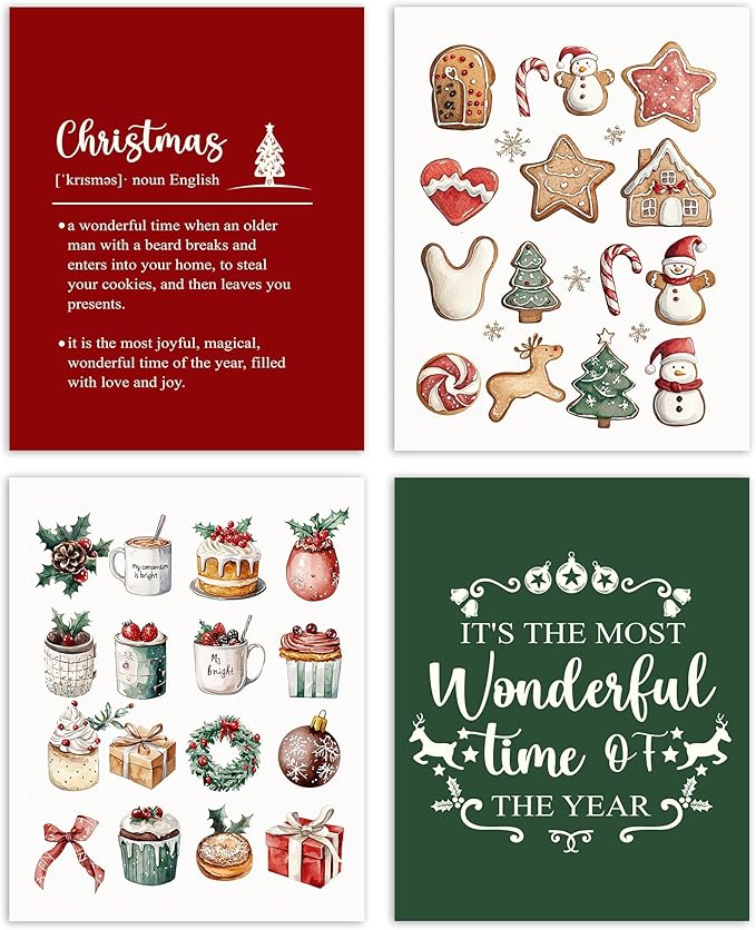 AEHIE It's The Most Wonderful Time of The Year Wall Art Poster Prints for Kitchen Living Room, Holiday Farmhouse Happy New Years Decor, Minimalist Boho Xmas Aesthetic Wall Art Unframed 4pcs 8x10inch