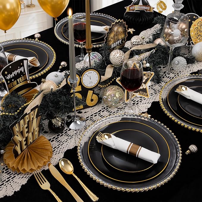 KIRE 175Pcs Black Plates Disposable - Heavy Duty Black and Gold Plastic Plates- 25 for Dinner 25 for Dessert 25 Pre Rolled Gold Silverware and 25 Cups for New Year/Birthday Party