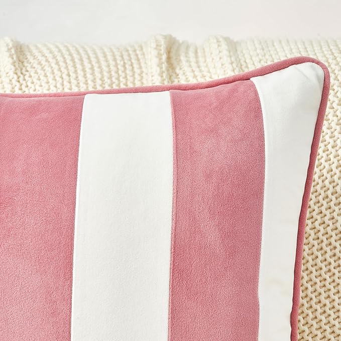MONDAY MOOSE Decorative Throw Pillow Covers Cushion Cases, Set of 2 Soft Velvet Striped Piping Edge Designs, Pillow Inserts Not Included (Light Pink/White, 16x16 inch)