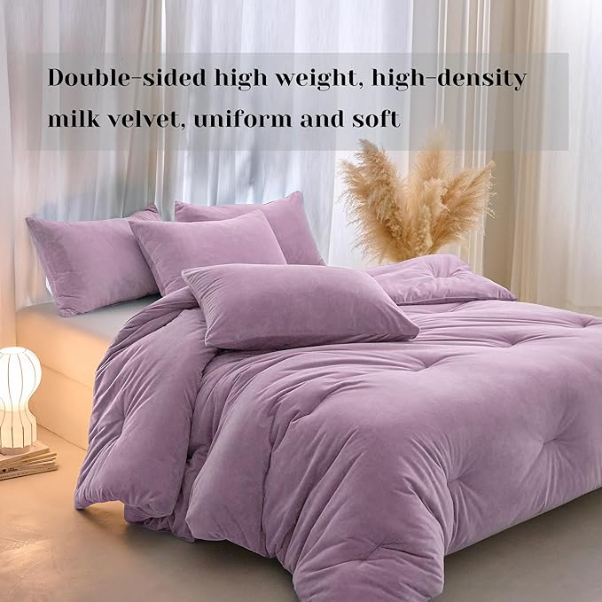 Velvet Comforter Set Queen/Full Size, Light Purple Fluffy Velvet 3 Piece, Soft Breathable Luxury Winter Warm Bedding Sets, with 1 Cozy Comforter, 2 Pillow Shams (Lavendar)