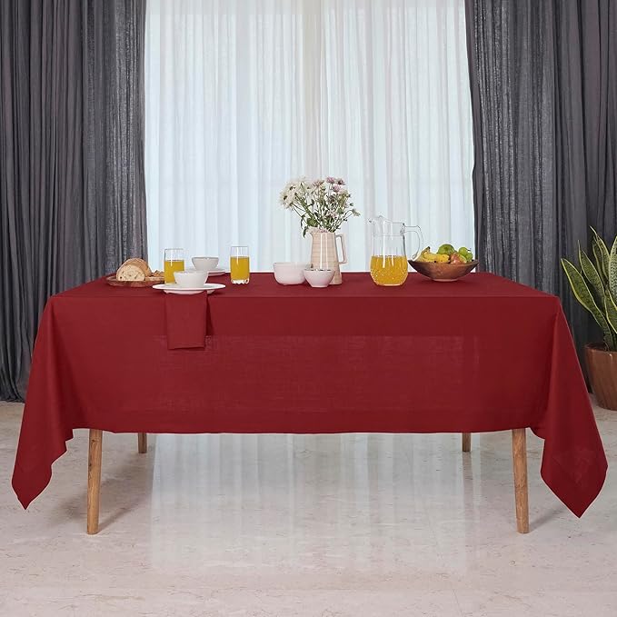 D'Moksha Homes Red Linen Tablecloth 60 x 120 Inch - 100% Pure Linen Hemstitch Tablecloth for Rectangle Tables - Classic Hemstitch, Machine Washable Table Cloth for Thanksgiving, Christmas, Holiday