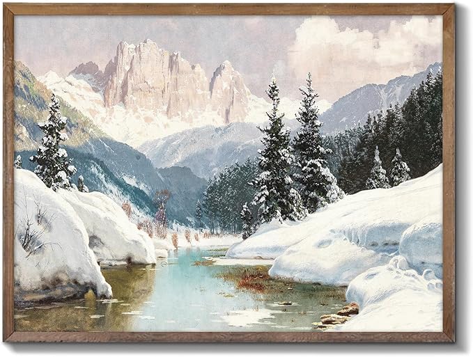 XOCUUI Vintage Unframed Canvas Wall Art, Snow Stream River Tree Cloud Winter Christmas Wall Art, Farmhouse Landscape Art Hanging Paintings for Living Room Bathroom Bedroom,8x10in