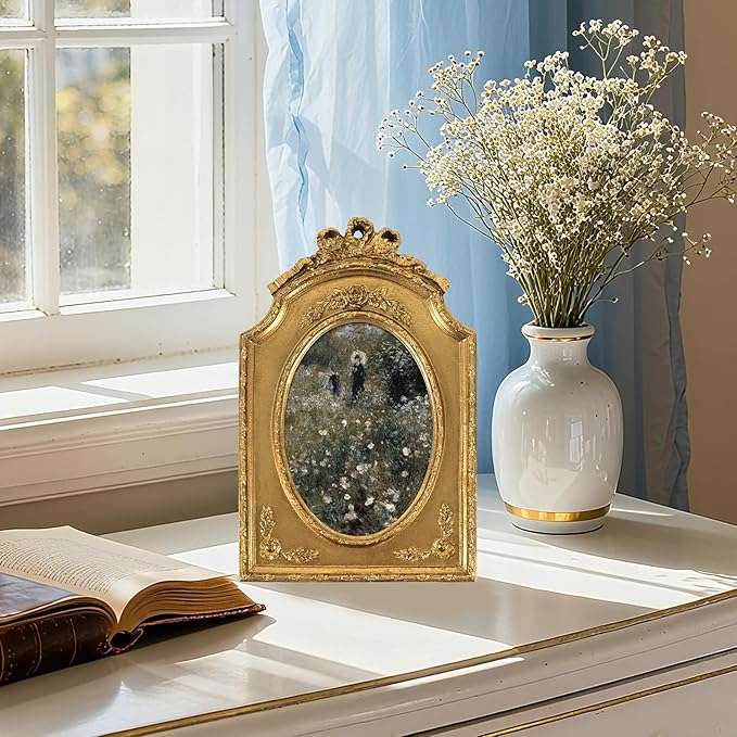 FOLKOR Vintage Women Paintings with Gold Frame, Oval Garden Landscape Prints Posters for Bedroom Living Room Decoration Memorial Gift, Vintage Home Decor for Wall Floating Shelf Desk, 4x6